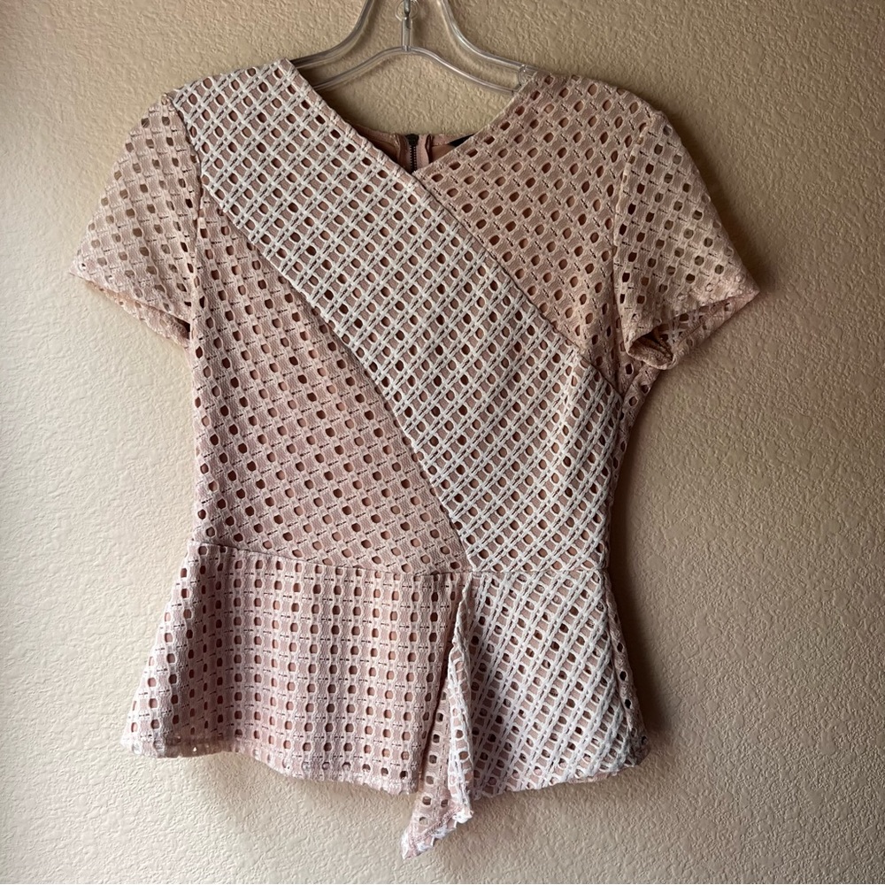 BCBGMAXAZRIA blush and ivory asymmetrical draped peplum top size XS